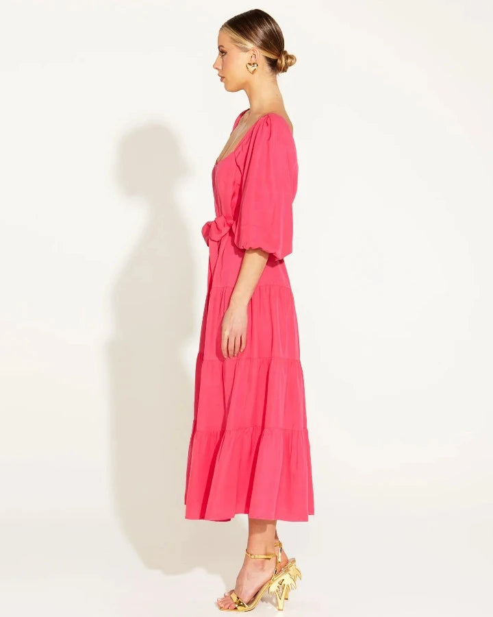 ONE AND ONLY TIERED MIDI DRESS HOT PINK