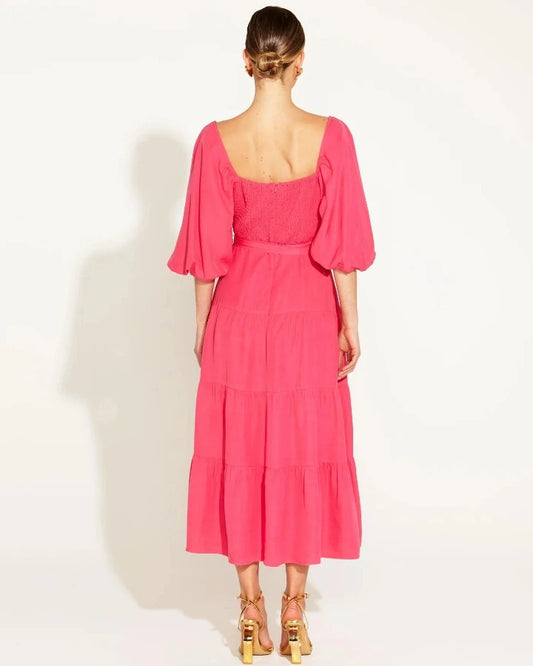 ONE AND ONLY TIERED MIDI DRESS HOT PINK