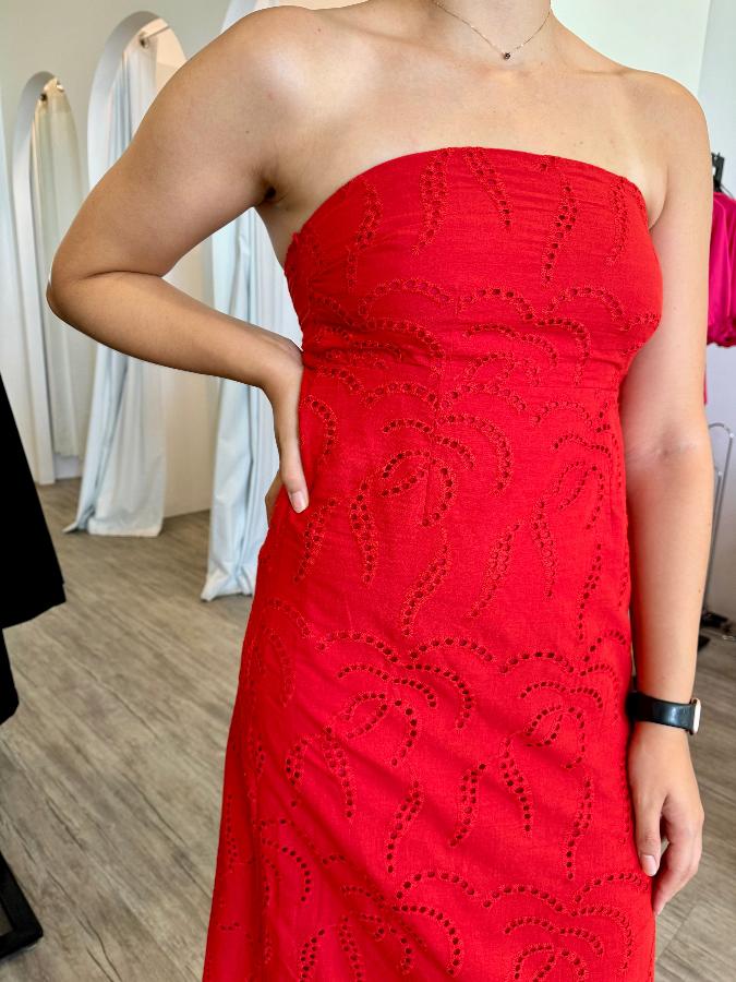 LACY STRAPLESS MAXI DRESS RED BRODERIE ANGLAISE
