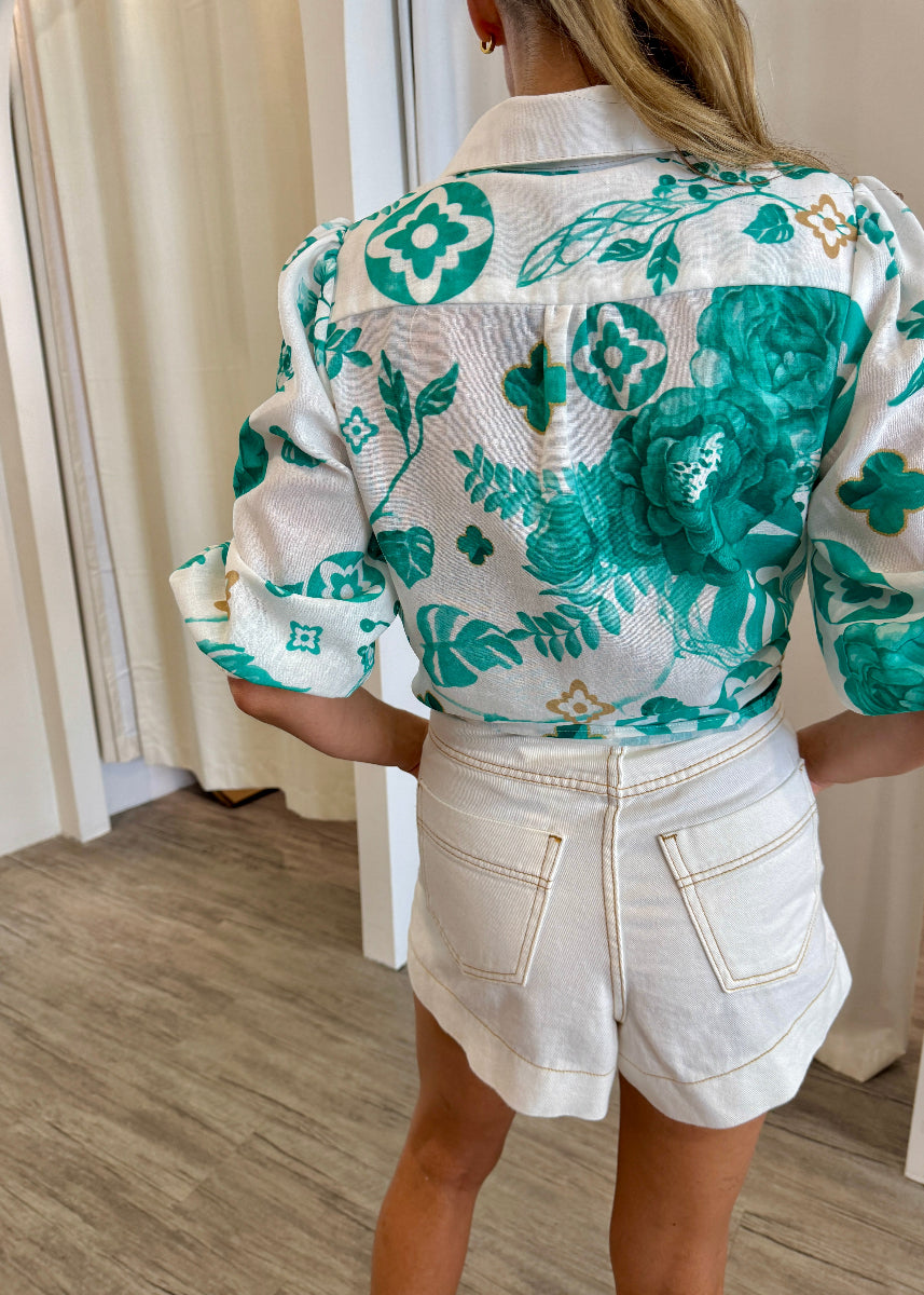 LA CLEEF 3/4 SLEEVE SHIRT TEAL/WHITE