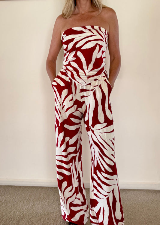 Palm Scarf Set in Burgundy – 2-piece resort co-ord with scarf top and relaxed pants by By Frankie