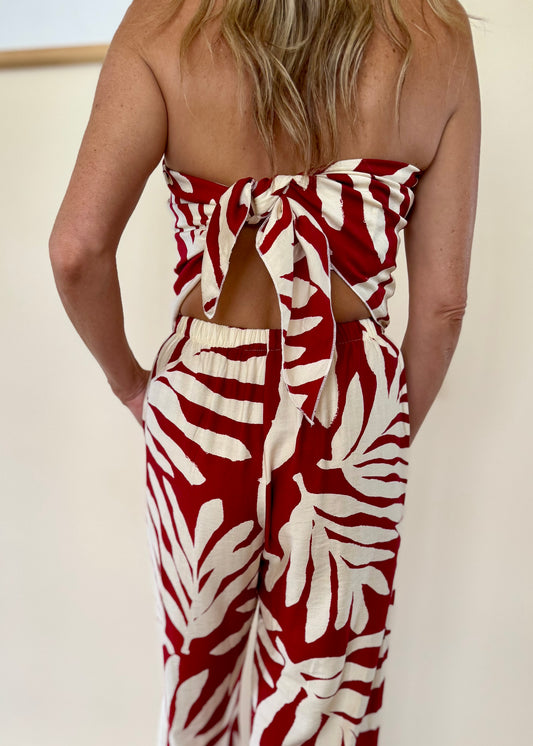 Palm Scarf Set in Burgundy – 2-piece resort co-ord with scarf top and relaxed pants by By Frankie