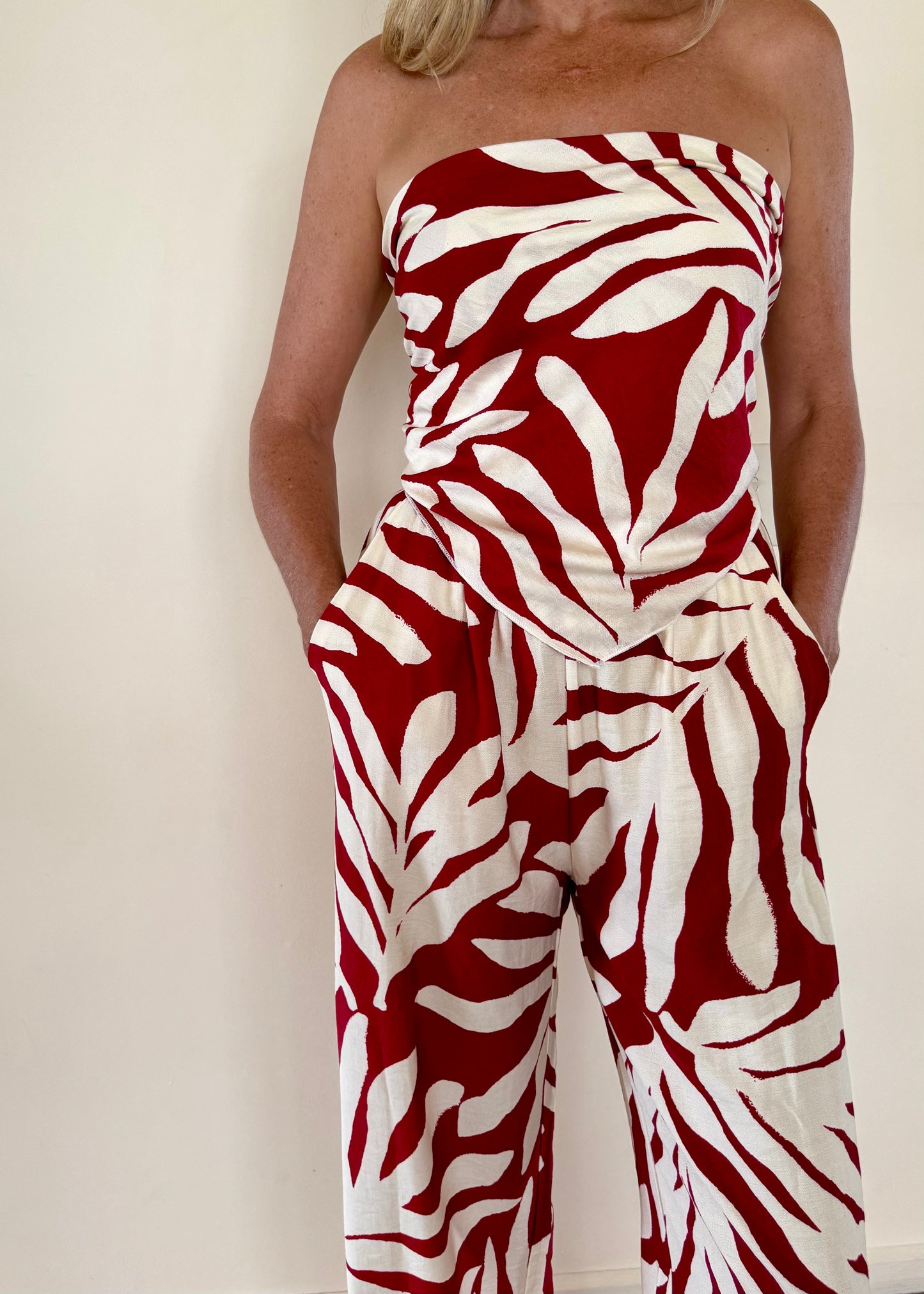 Palm Scarf Set in Burgundy – 2-piece resort co-ord with scarf top and relaxed pants by By Frankie