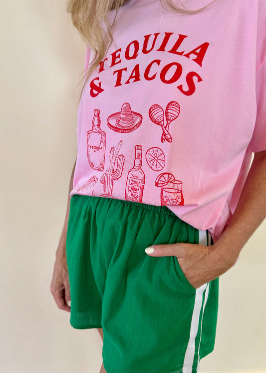 TEQUILA AND TACO SHORT SET PINK/GREEN