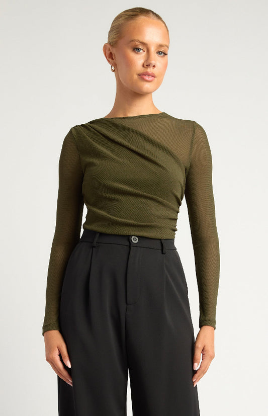 TEXTURED JERSEY ASYMMETRIC TOP DARK OLIVE