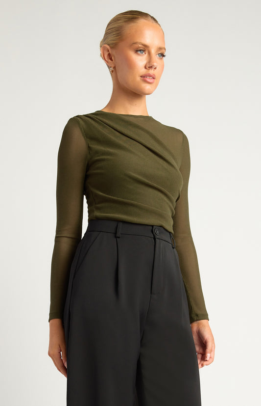 TEXTURED JERSEY ASYMMETRIC TOP DARK OLIVE