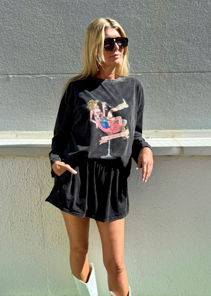WILD COWGIRL SHORT SET BLACK ACID WASH