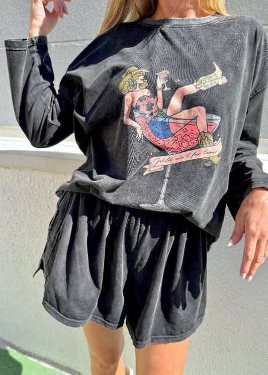 WILD COWGIRL SHORT SET BLACK ACID WASH