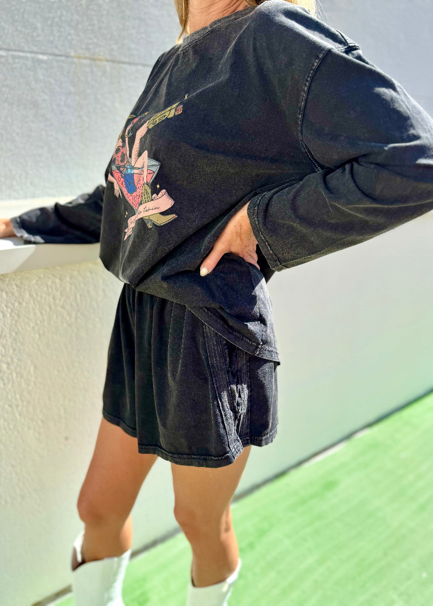 WILD COWGIRL SHORT SET BLACK ACID WASH