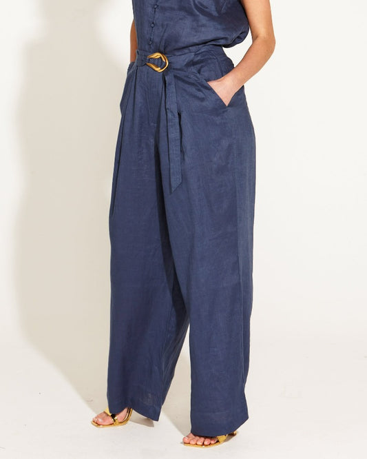 WAISTED BELTED WIDE LINEN LEG PANT NAVY