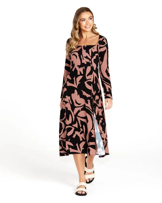 JOELLE TIE BACK MIDI DRESS ABSTRACT