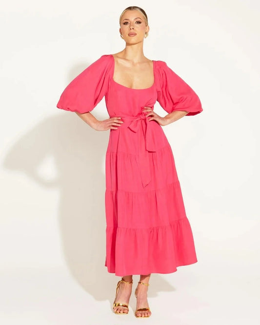 ONE AND ONLY TIERED MIDI DRESS HOT PINK