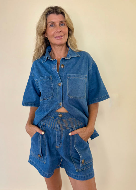 TARA DENIM SHORT SET MID DENIM