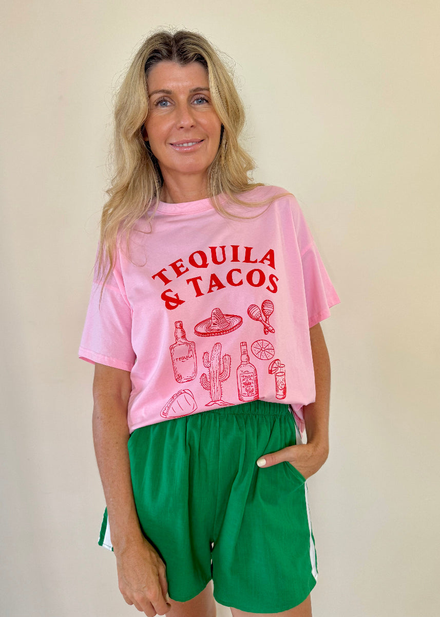 TEQUILA AND TACO SHORT SET PINK/GREEN